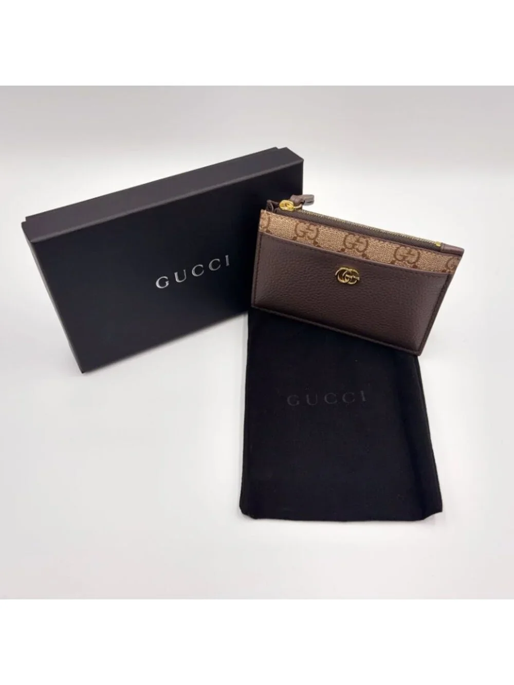Gucci Double Bicolor Leather Gray Beige Card Case Gold - Picture 12 of 12
